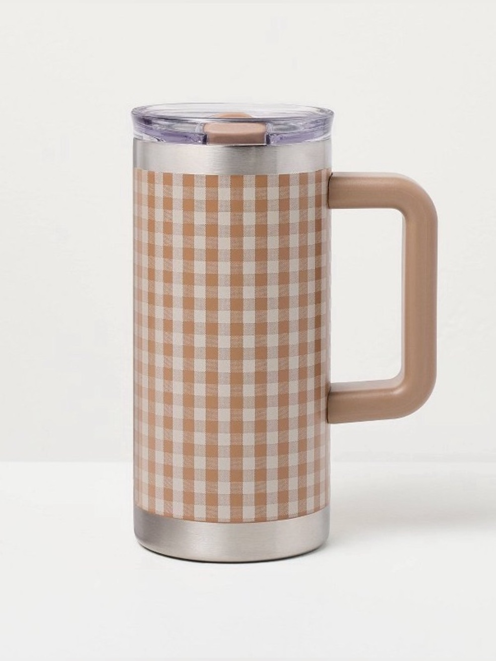 20 oz Stainless Steel Travel Mug Tan Gingham Plaid Hearth & Hand Magnolia 20oz